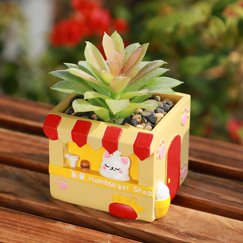 Chậu Cây Resin Chậu cây mọng nước hình cửa hàng đồ ăn hoạt hình resin, chậu mini để bàn, trang trí sân vườn (RG-225)