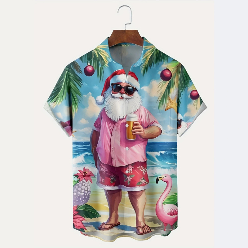 2026 Temu popular men's shirt Hawaiian style Santa Claus beach 3D printed short-sleeve shirt 2026 Temu popular men's shirt Hawaiian style Santa Claus beach 3D printed short-sleeve shirt