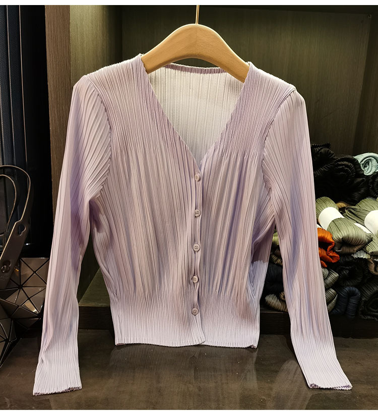 Áo cardigan cổ chữ V dáng ngắn tay dài mới xuân hè — Màu xanh lam nhạt, Màu đen, Màu tím nhạt, Màu hồng chi tiết 18