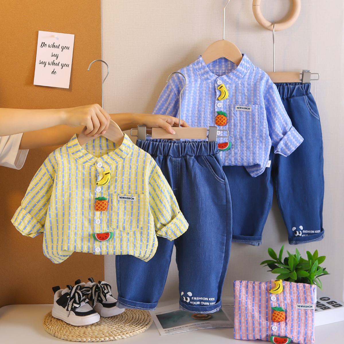 Wuxiaoqi Kidsren's Clothing Spring & Fall 2025 New Kidsren's Suit 0-4 Years Old Boys and Girls Vertical Fruit Shirt Two-Piece Set