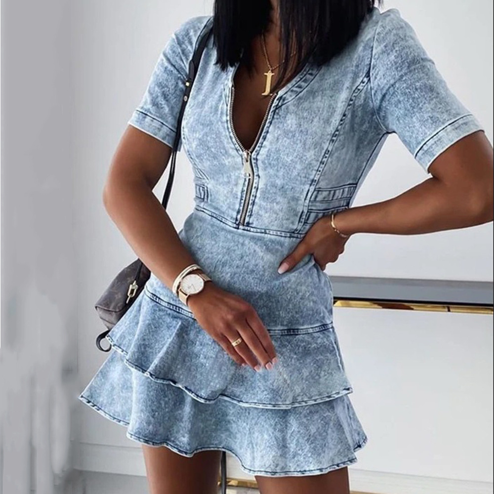 2026 Summer European and American Cross-Border Amazon Independent Site Short-Sleeve V-Neck Ultra-Short Casual Denim Dress in Stock
