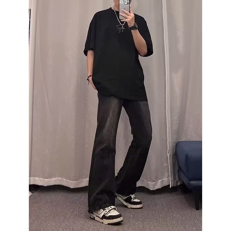 2024 primavera y otoño nuevo estilo americano calle alta suelta recta pantalones largos casuales negros marca de moda jeans para hombres