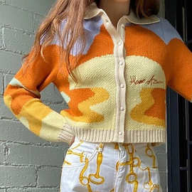 外贸短款针织衫女Polo领毛衣橘色新款春季秋韩版宽松外套开衫上衣