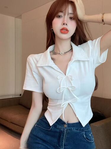 Pure desire sweet and spicy bow polo-neck short-sleeved t-shirt women's summer design niche French short shoulder top