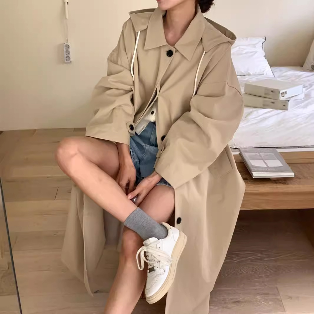 In stock South Korea chic autumn new retro British style detachable hooded mid-length trench coat for women