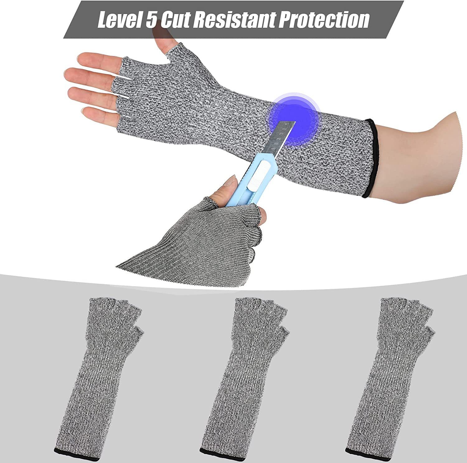 5级HPPE防割手套半指防护护臂手套园艺木工厨房工作防护耐磨手套