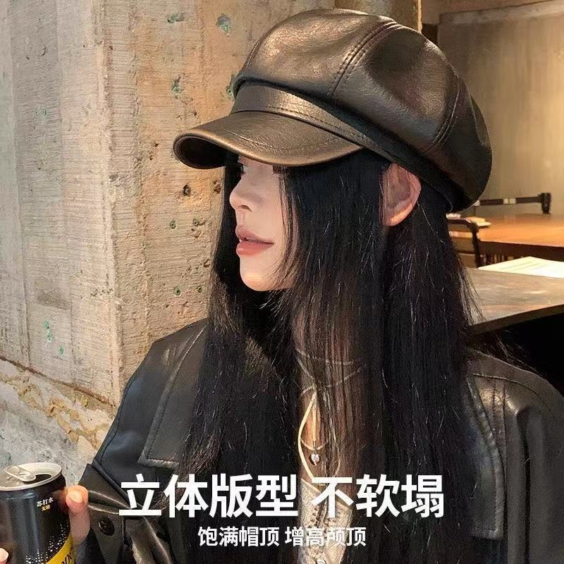 黑色pu皮质八角帽大头围贝雷帽秋冬画家帽女鸭舌帽英伦帽皮帽子|undefined