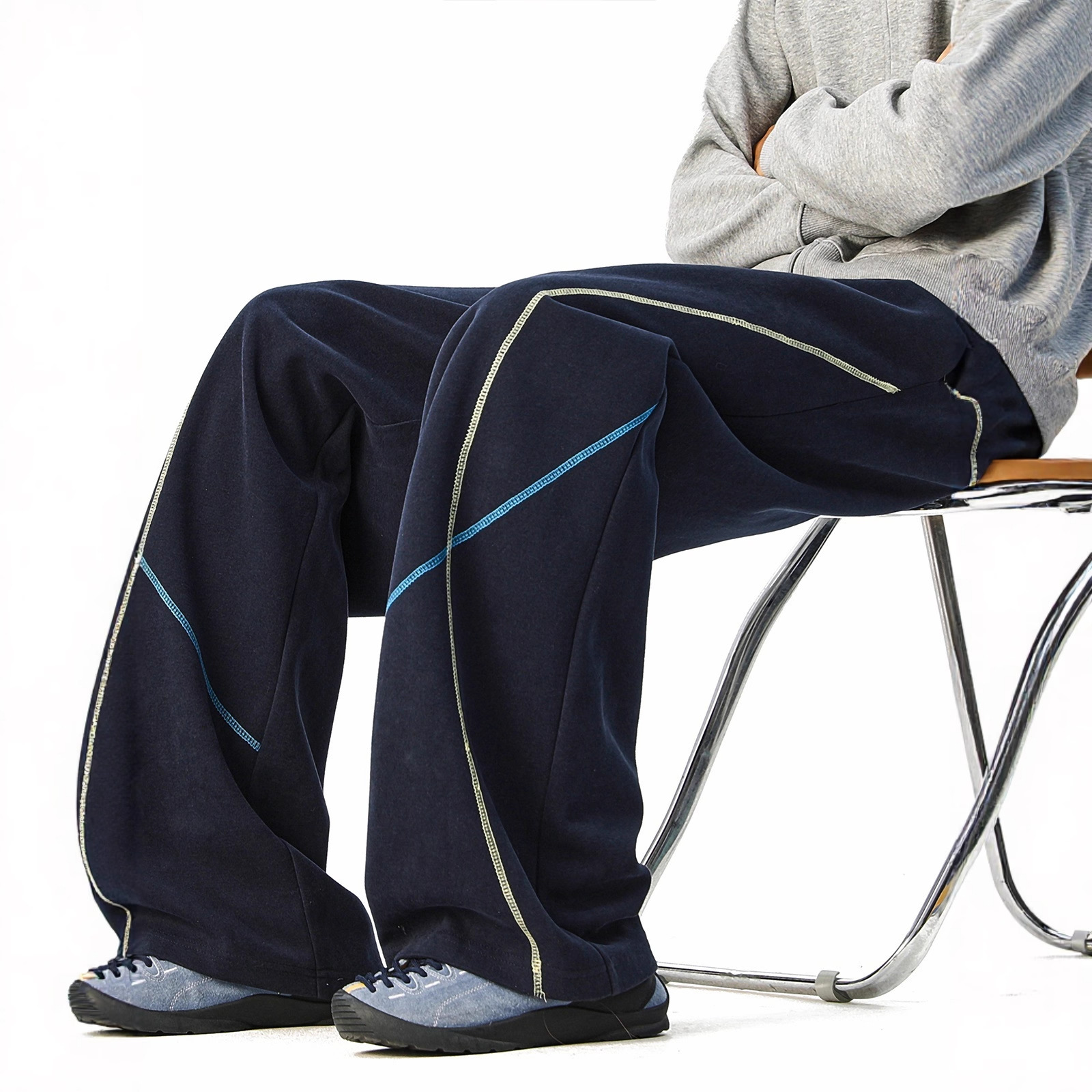 Heavy Navy Blue Topstitch Curved Hem Sweatpants for Men and Women, Autumn Comfortable Height-Enhancing Casual Loose Sports Wide-Leg Pants