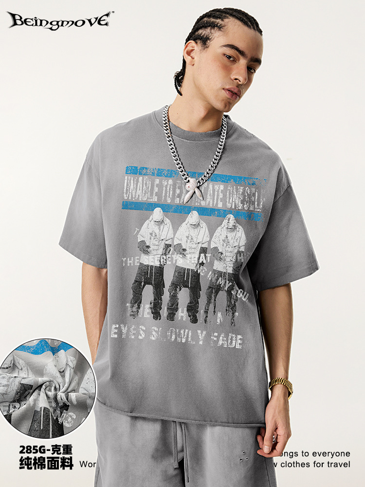 2025 verano europeo y americano marca de moda retro nicho marca vintage hacer viejas camisetas de mangas cortas sueltas parejas