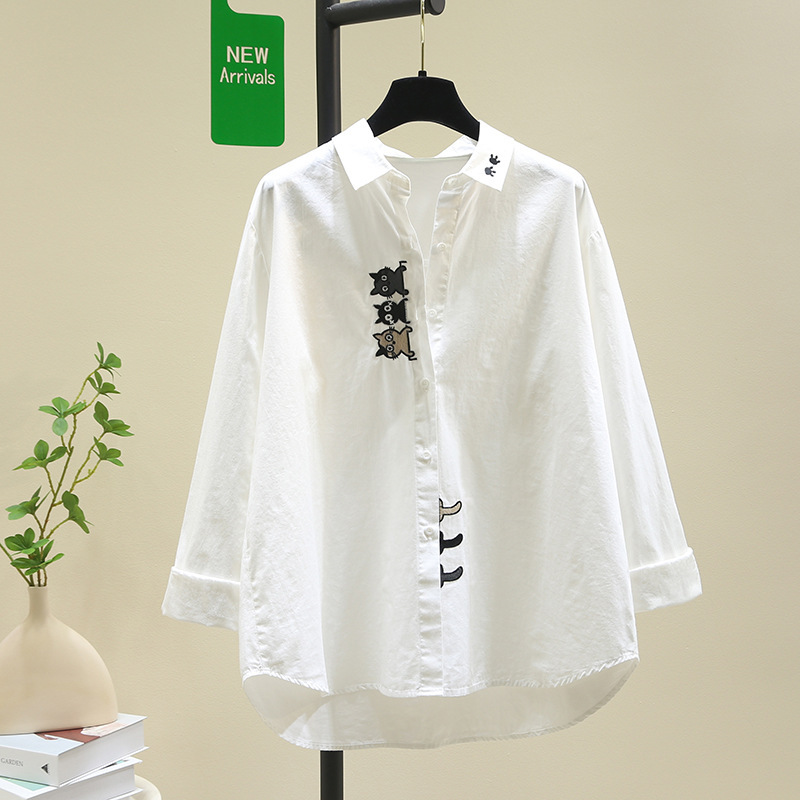 Cat Element Embroidered Pure Cotton Shirt for Women, New Autumn Casual Versatile Long-Sleeve Shirt with a Unique Design Cat Element Embroidered Pure Cotton Shirt for Women, New Autumn Casual Versatile Long-Sleeve Shirt with a Unique Design