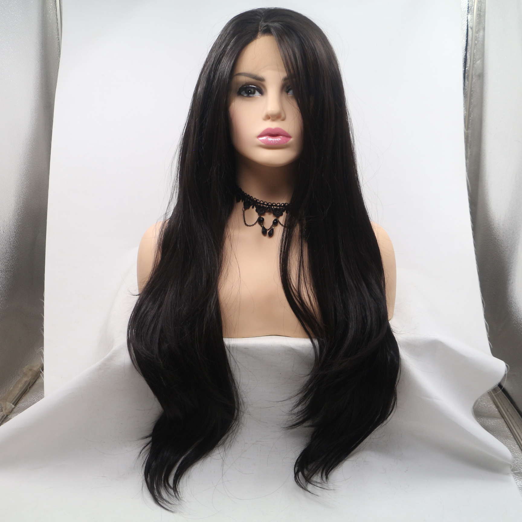 Pelucas negras de fibra química de encaje largo rizado transfronterizo Lace Front Wigs