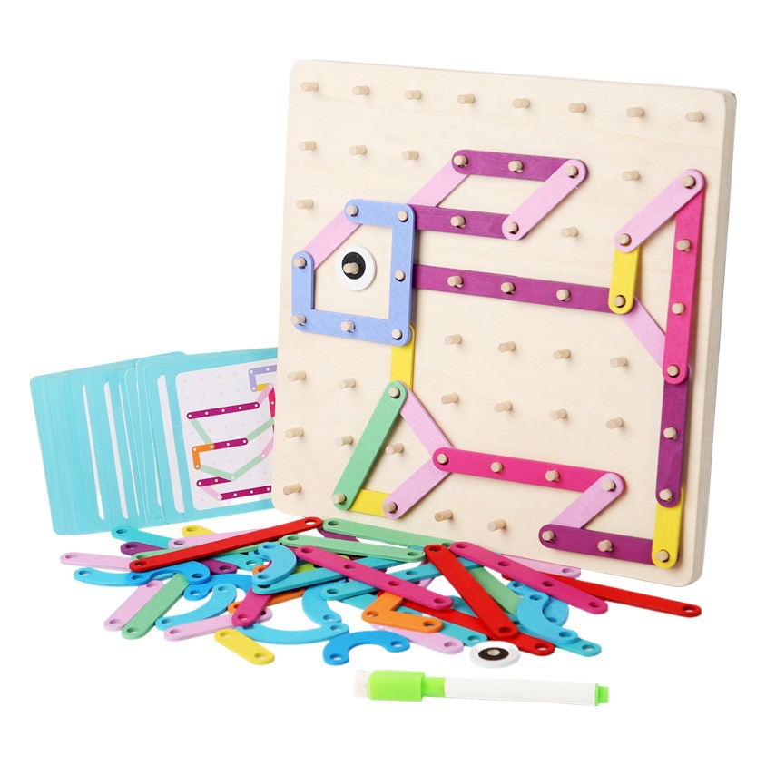 Montessori de madera geométrica creativa tablero de uñas rompecabezas infantil tablero de dibujo gráfico dos en uno educación temprana juguetes cognitivos educativos
