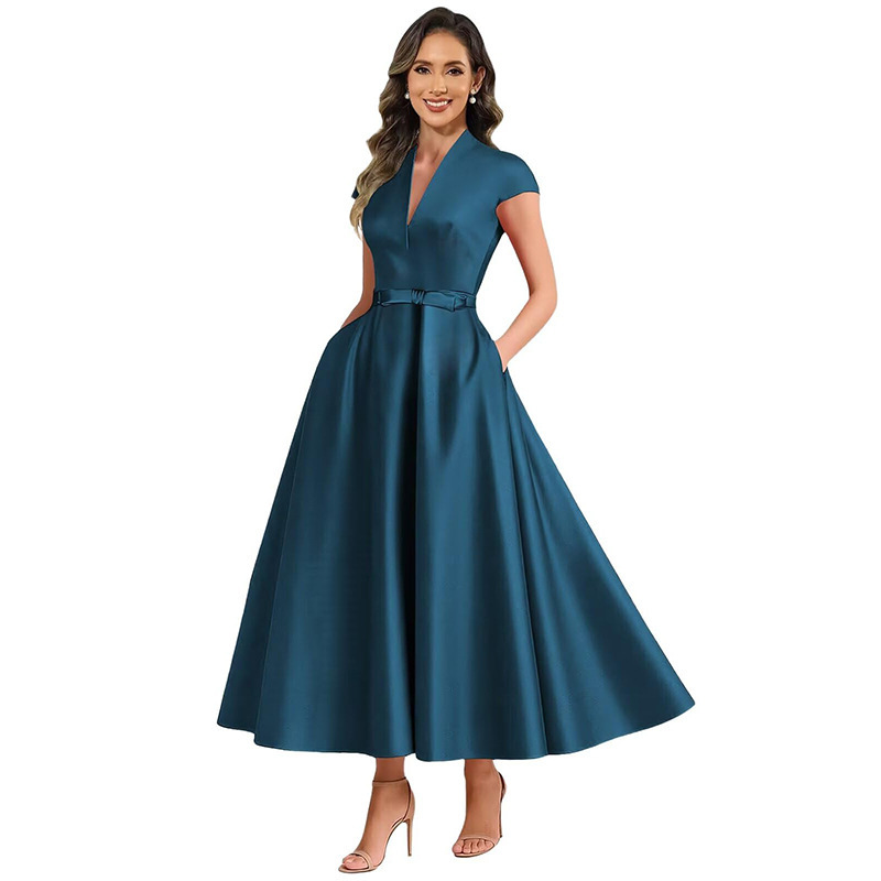 European and American Aliexpress Foreign Trade Satin Short Banquet Dress Party Bowknot Evening Dress Wedding Mother's Dress Church