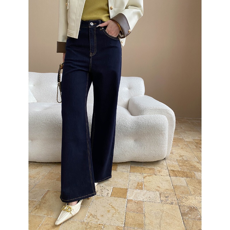 Sinan Early Autumn New Style Retro Dark Blue Stitched High-Waisted Slimming Narrow Straight-Leg Jeans Sn7835