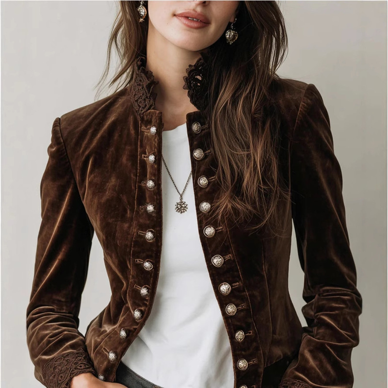High-End Velvet Jacket for Women, New Spring and Autumn Short Style, Slim Fit, Waist-Cinching, Stand Collar, Vintage Jacket