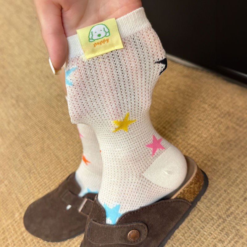 Mesh Colorful Polka Dot Dopamine Mid-Calf Socks Puppy Dog ​​Label Striped Socks Women's Summer Thin Ins Trend