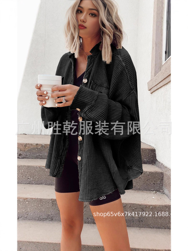 2025欧美跨境外贸秋冬拼接针织开衫外套女时尚休闲小立领口袋华夫|undefined