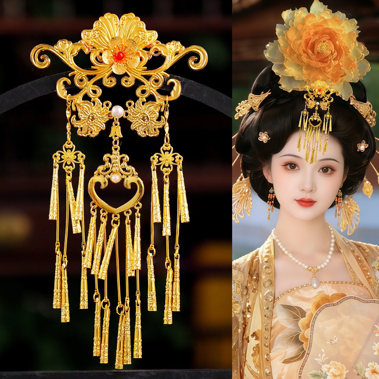 金色流苏步摇汉服头饰古风写真配饰宫廷风发唐风贵妃牡丹花发冠饰