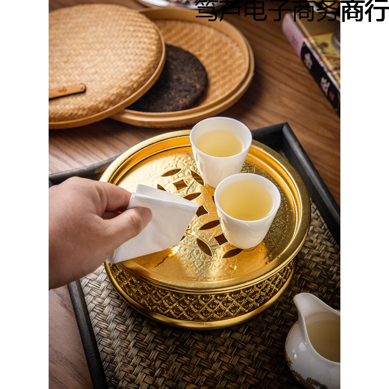 泰式锡制茶盘家用茶海沥水盘圆形储水盘办公会客干泡茶台茶具托盘