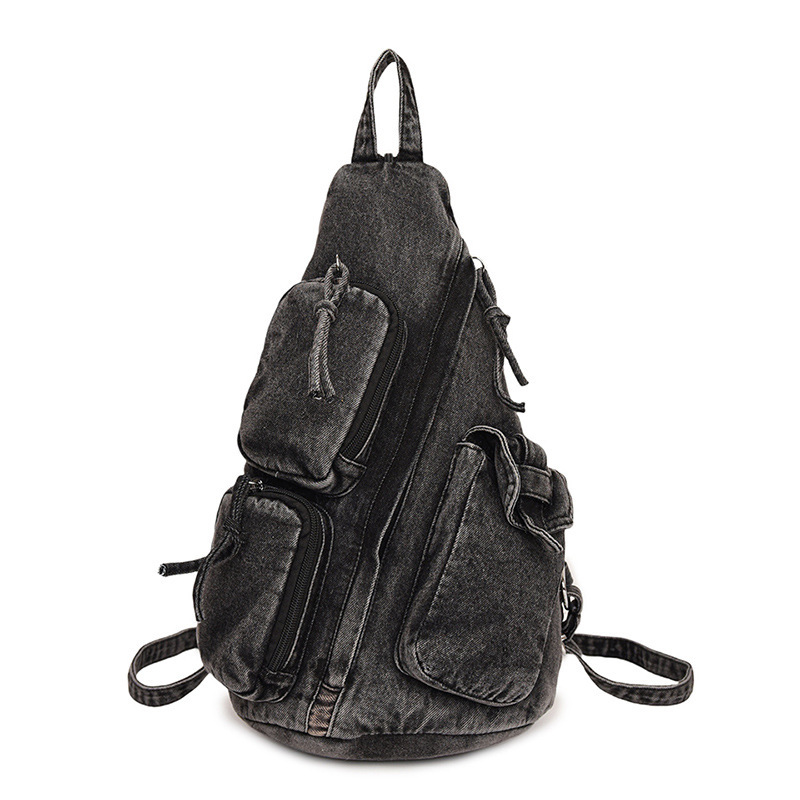 Mochila de mezclilla lavada 2024 nuevo bolso retro casual de moda bolso de pecho de mensajero multibolsillo simple