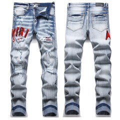 クロスボーダーヨーロッパとアメリカのAMIRI貿易ブランドスリムフィットストレッチレッドリップドパッチ刺繍メンズデニムパンツ男性用