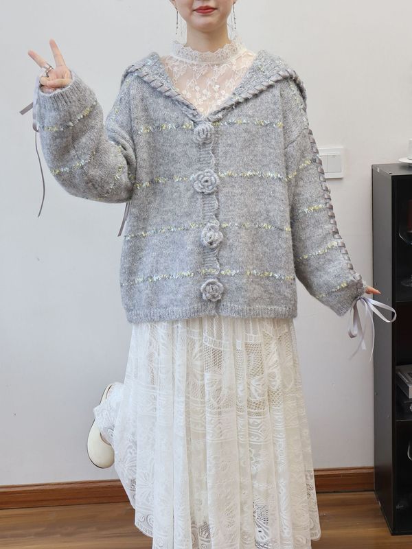 2025秋冬新款立体花朵飘带设计感针织开衫海军领宽松毛衣外套女潮|undefined