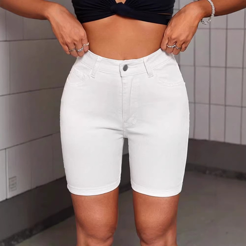 Cross-Border European and American Style Women's High-Waisted Denim Shorts 2025 New Summer White Cycling Shorts Stretch Temu Tight-Fitting Women's Pants