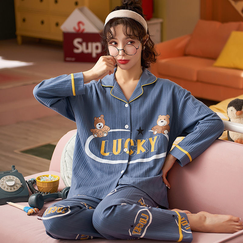 100% pijamas de algodón Primavera y otoño de las mujeres de manga larga coreana dulce princesa estilo cardigan desgaste del hogar traje de dos piezas