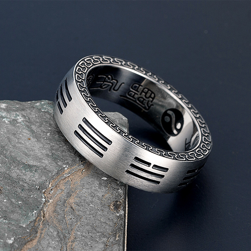 Vintage Titanium Steel Nine-Character Mantra Ring, Chinese Style Bagua Ring, Tai Chi Minimalist Men's Ring, Niche High-End Feel