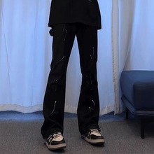 美式cleanfit泼墨刺绣微喇黑色牛仔裤男高街vibe高街修身直筒裤子