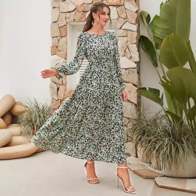 Autumn 2023 Amazon Europe and the United States cross-border floral printing daily outdoor round neck long sleeve elegant dress