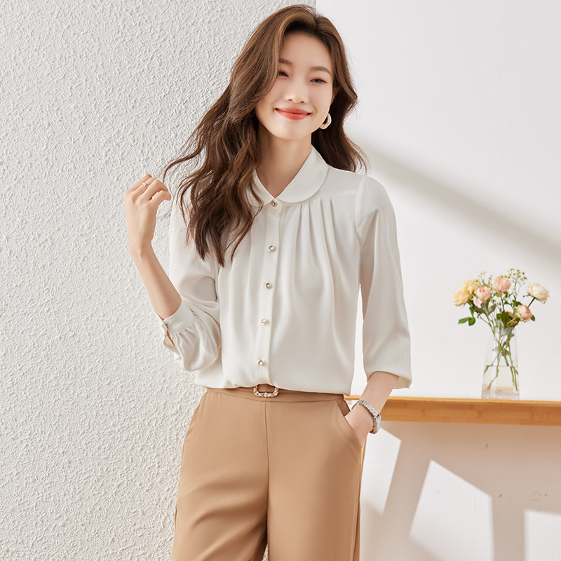 Vocational Commuter UGC Interview White Shirt Female French Temperament Long Sleeve Satin Shirt Doll Collar Top Wholesale