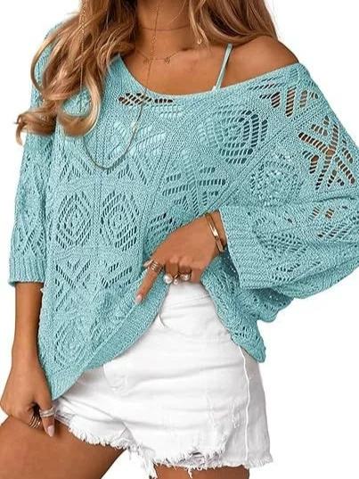 Amazon Cross-Border European and American Foreign Trade 2026 Spring/Summer Crochet Hollow-Out Three-Quarter Sleeve Pullover Sweater Batwing Knitwear