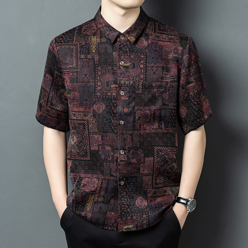 Áo sơ mi ngắn tay nam mulberry silk dáng rộng mùa hè — Da đen H187006