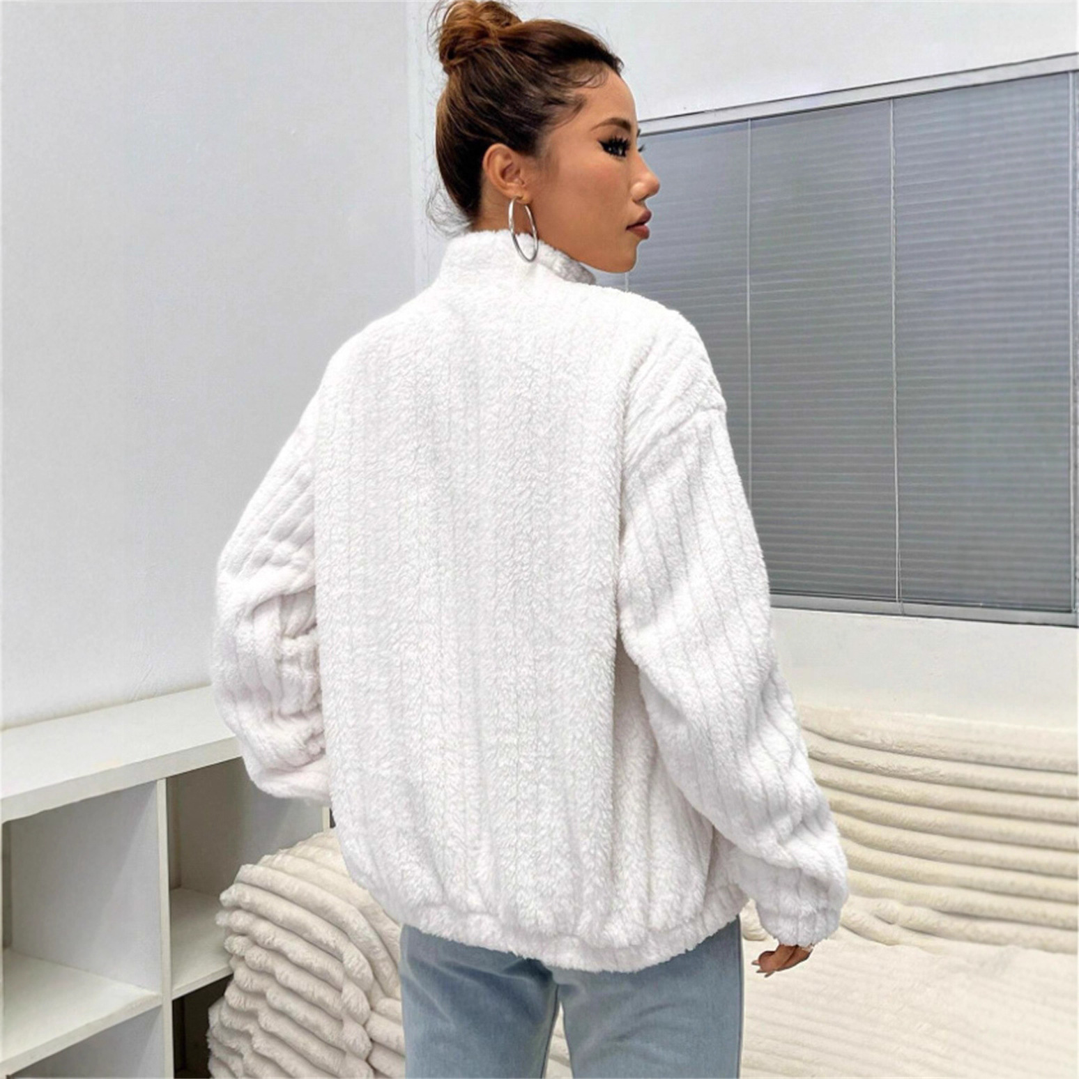 Women's Plush Fur Cardigan Coat – Stand Collar Short Jacket For Autumn & Winter (Sizes S-XL)_voghion.com