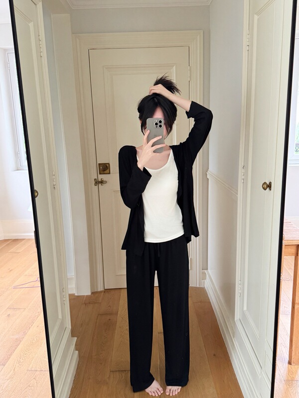 韩系背心开衫长裤带Bra三件套春秋新款莫代尔简约休闲家居服套装|undefined