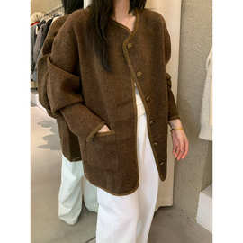 元派bluepops2025冬新款100%绵羊毛外套圆领中长款毛呢大衣WC194