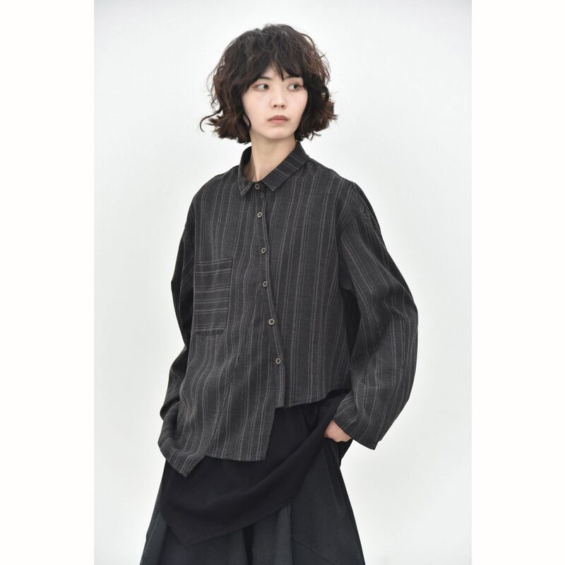 [Three and Two Out] Irregular hem, asymmetrical placket design, wrinkle-resistant striped Japanese-style retro shirt 56902 #