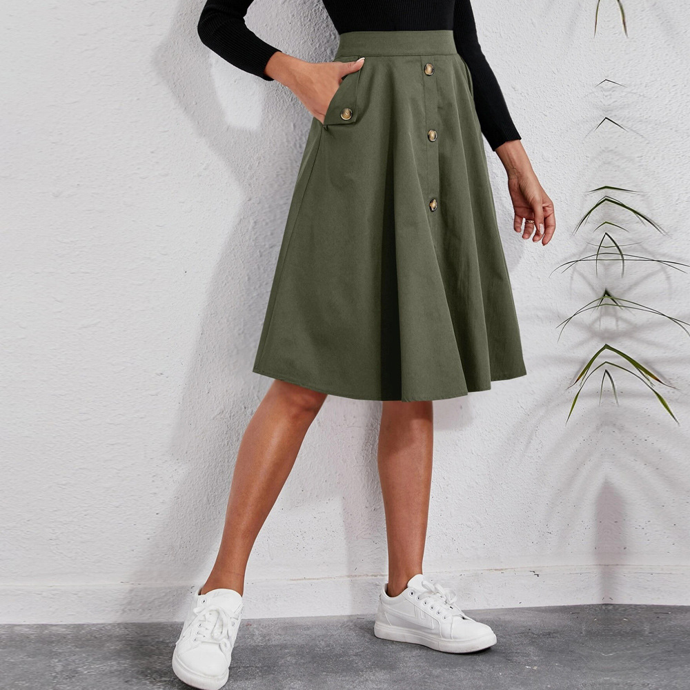 solid color pocket buttons high waist midi skirt NSYSQ138967