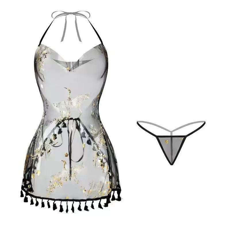 Gold-Embossed Crane Halter Nightgown with Tassel Straps and Backless Bellyband — detail image 6