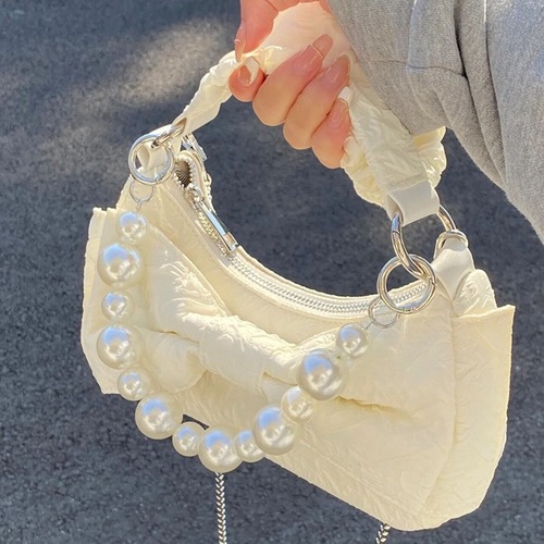 Internet celebrity super popular bow pearl chain bag women's niche design pleated handbag armpit bag single shoulder crossbody bag