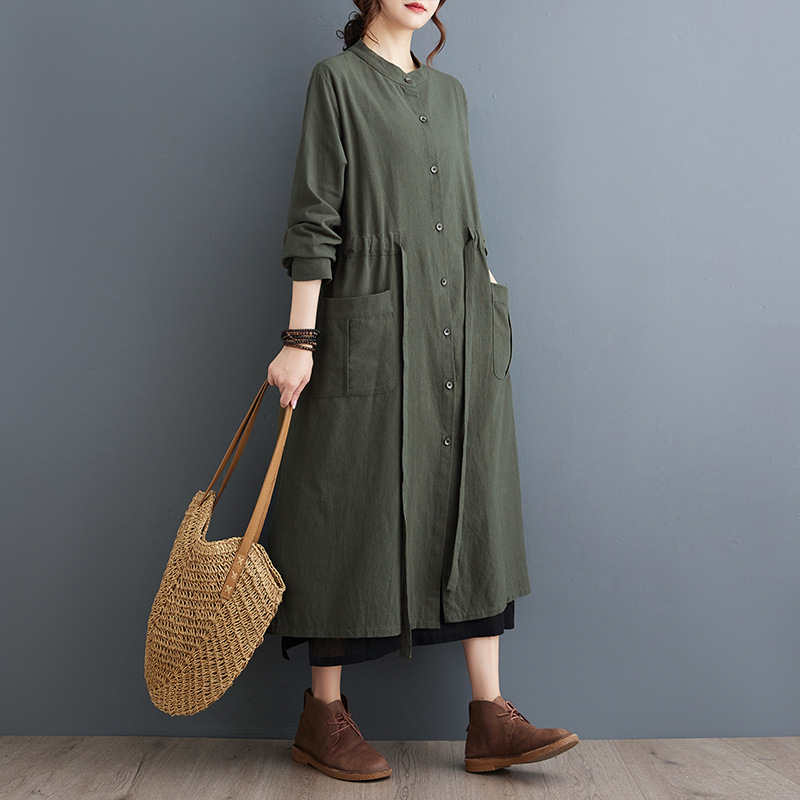 2024 autumn real-life stand collar new mid-length women's belt cotton and linen loose slimming Chinese retro cape coat
