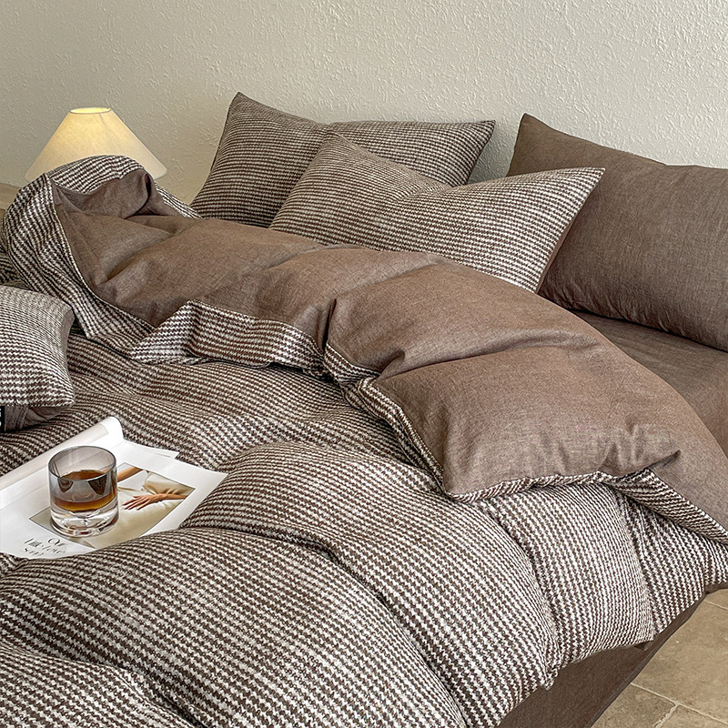 Duvet Cover SetMicrofiber Duvet Cover Simple And Luxurious A-Class All-Cotton Yarn-Dyed Washed Four-Piece Set, Pure Cotton Duvet Cover, Bed Fitted She_voghion.com