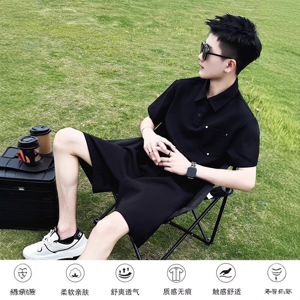2025 Summer New Casual Sports suit Men's Trendy Brand Loose Hong Kong-style Five-point Short-sleeved Shorts Two-piece Set