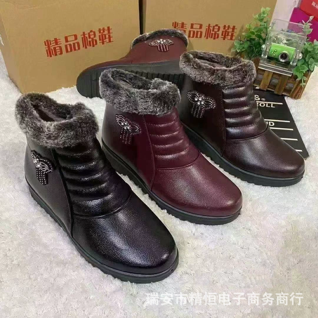 2024冬季新款妈妈鞋棉鞋女加绒保暖老人棉皮鞋低帮软底防滑棉鞋子