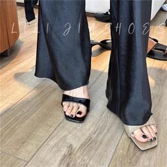 高跟鞋女2024年新款法式復古方頭細跟裸色涼鞋小眾設計感拖鞋外穿