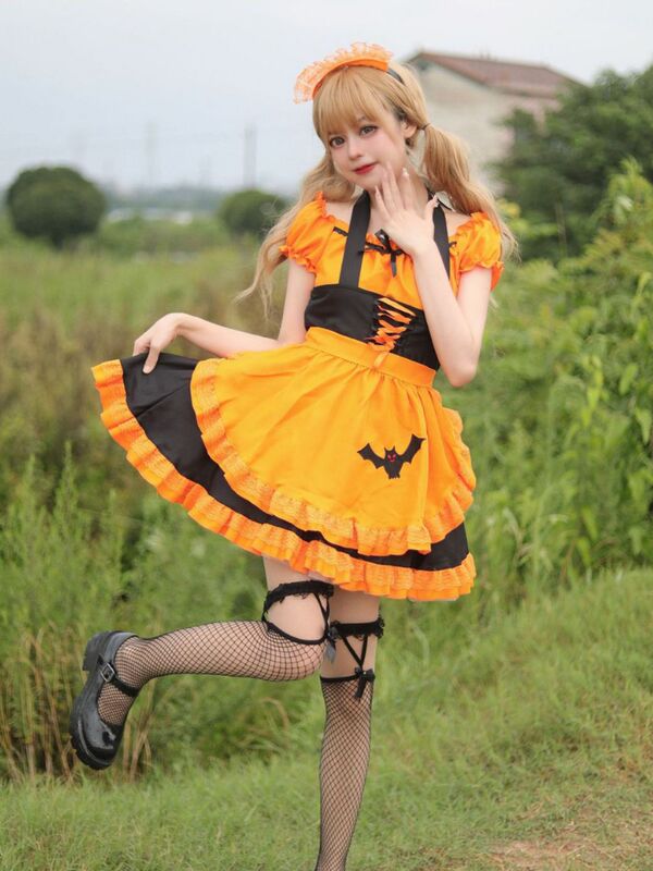 跨境 COSPLAY 万圣节刺绣女仆装 女仆服 蝙蝠吸血鬼女仆 魔法女巫|undefined