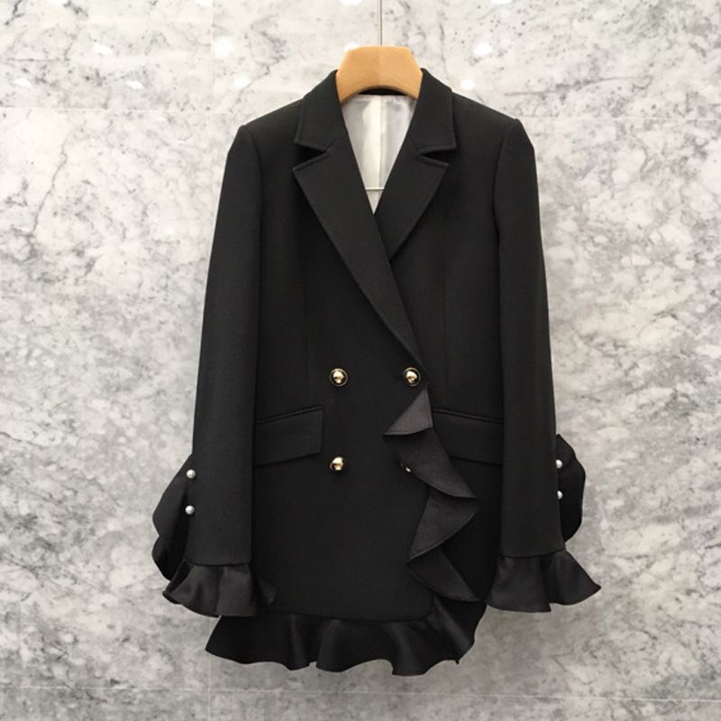 Spring and Autumn New Korean Style Fashion Ruffled Pearl Button Waist-Cinching Blazer Double-Breasted Jacket for Women Versatile New Product