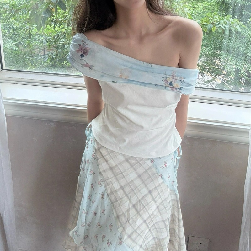 松弛感高弹多穿一字肩荡领满印抹胸修身褶皱T恤短袖女+半身裙套装|undefined