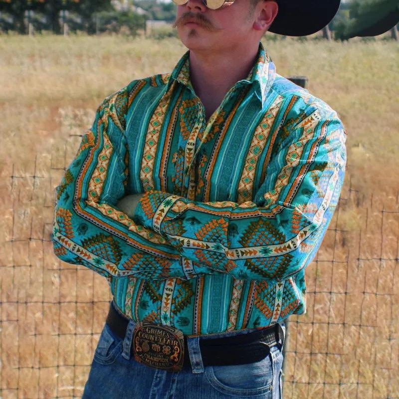 Foreign Trade Western Cowboy Style Men's Cardigan 3D Printed Loose-Fitting British Style Long-Sleeved Plaid Shirt with Turn-Down Collar